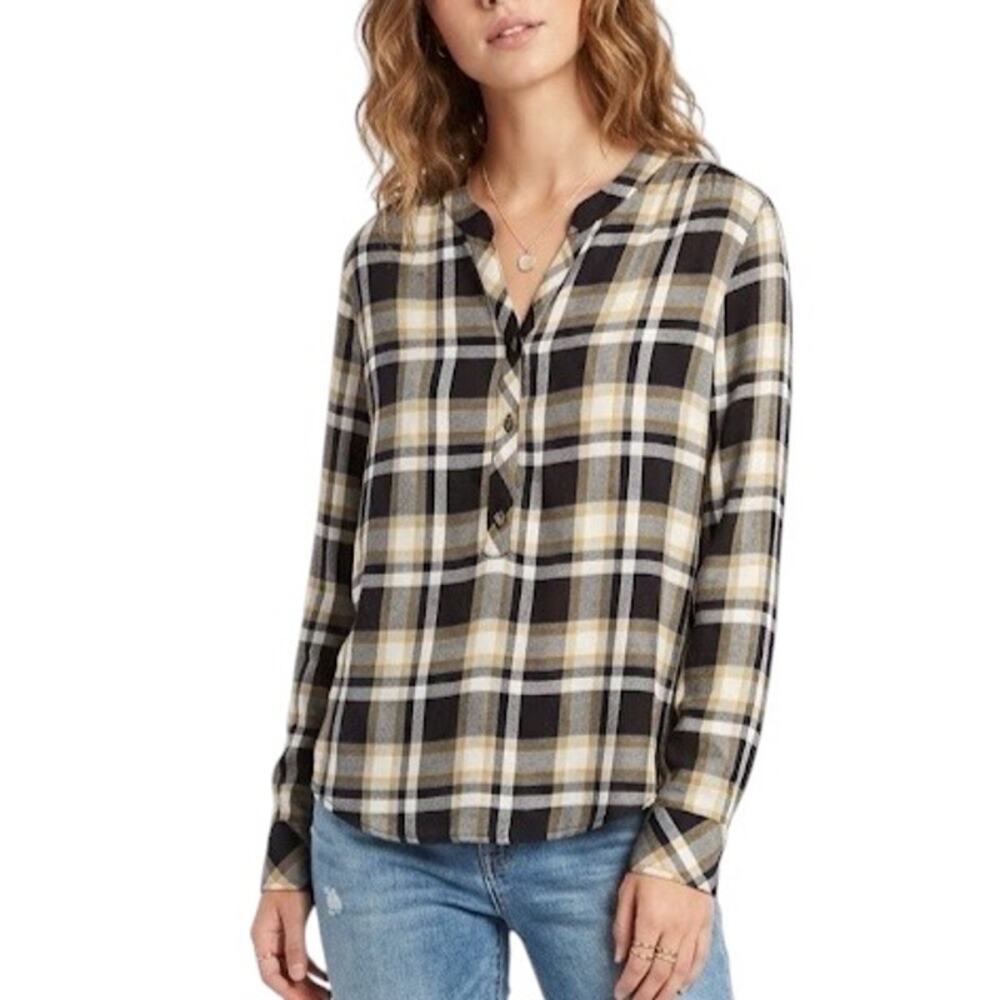Michael Stars Plaid Popover Shirt Black, Yellow, White Size XS